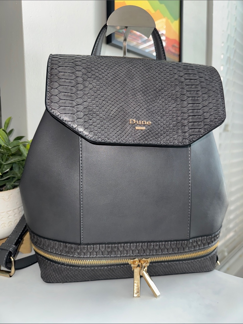 Dune London Gray Embossed Leather Backpack